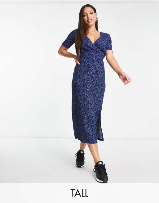 New Look Tall shirred waist midi dress in blue animal