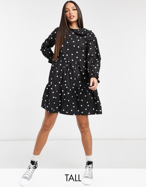 New Look Tall - Sort poplin-minikjole med flæsekrave og prikker