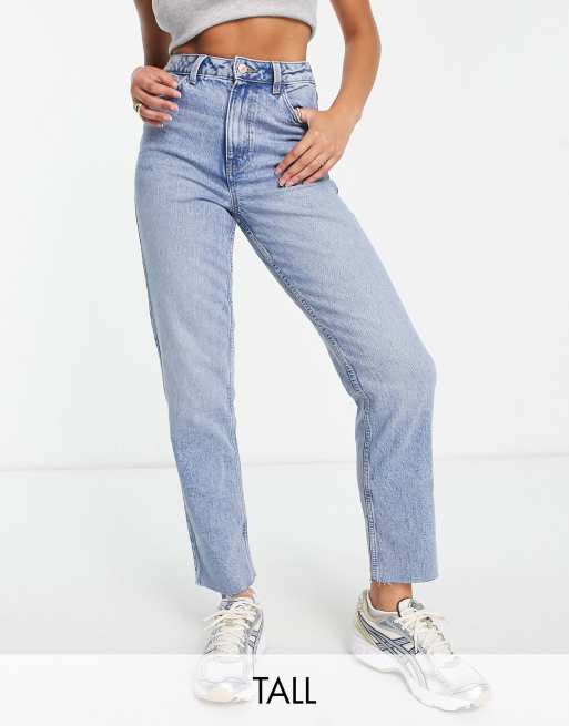 Mid Blue Wash Long Straight Leg Raw Hem Jeans