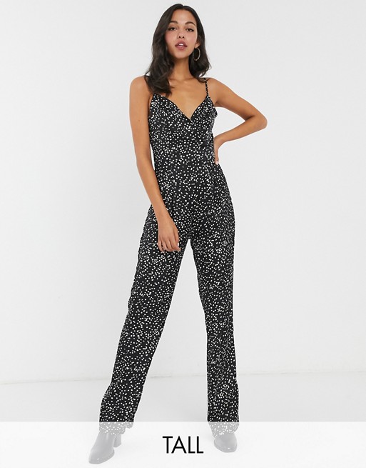 New Look Tall strappy jumpsuit in black polka dot