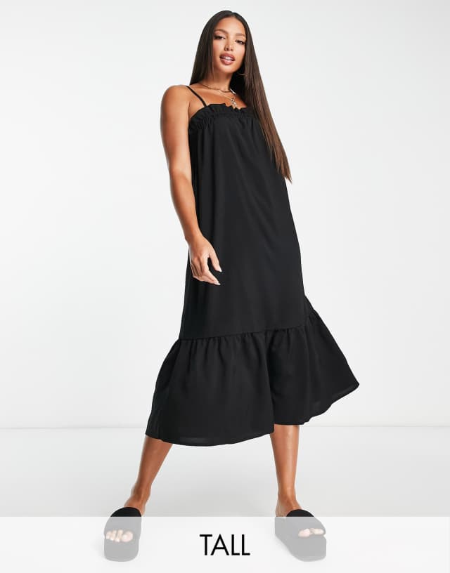 New Look Tall strappy ruffle detail tiered midi dress in black