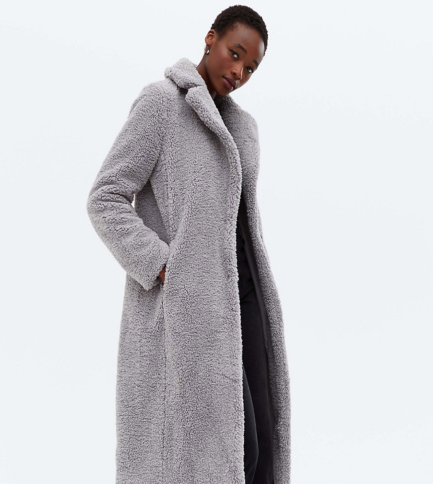 New Look Tall teddy fleece midi coat in dark gray