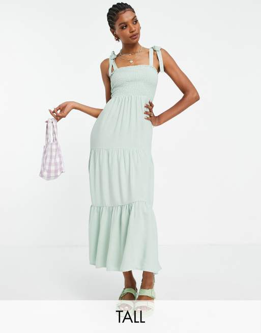 New Look Tall tie shoulder tiered midi dress in light green | ASOS