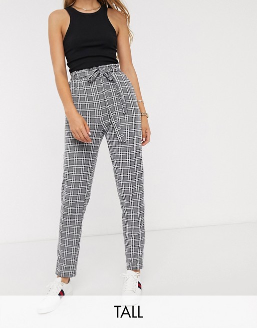 New Look Tall tie waist check trouser in grey