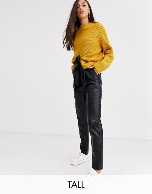 New Look Tall tie waist leather look trousers in black