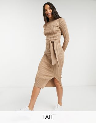 New Look Tall tie waist rib midi dress in camel | ASOS