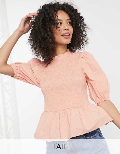 New Look Tall - Top met gesmokt lijfje en pofmouwen in roze