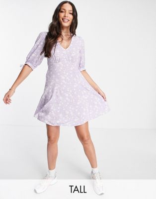 New Look Tall v neck tie sleeve mini dress in lilac floral - ASOS Price Checker