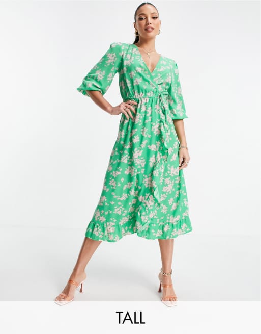 New Look Tall – Zielona sukienka midi o kopertowym kroju w kwiatowy wzór
