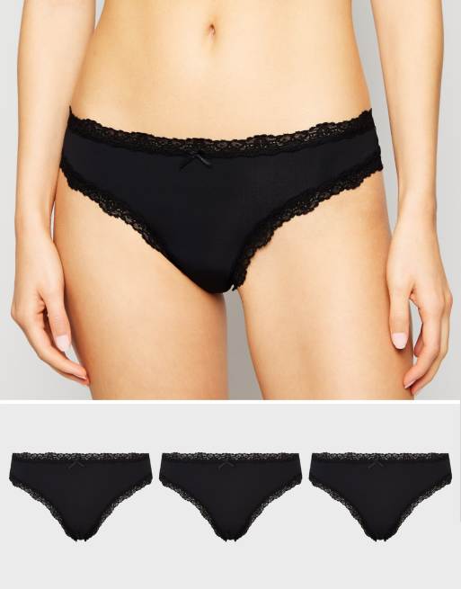New Look – Tangas mit Spitzenbesatz in Schwarz im 3er-Pack