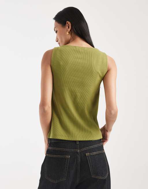 New Look - Tanktop met boothals en knoopsluiting in limoengroen, 2 van 4