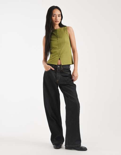 New Look - Tanktop met boothals en knoopsluiting in limoengroen, 3 van 4