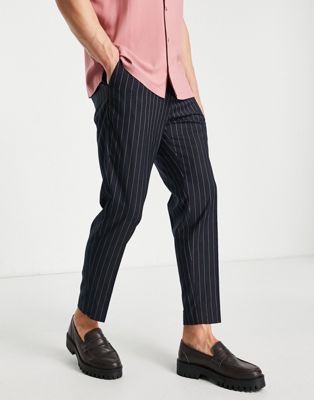 New Look tapered pleated smart trousers in navy pinstripe