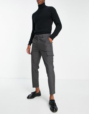 New Look tapered smart cargo trousers in grey pinstripe