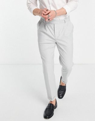 New Look tapered smart linen trousers with pleat in light grey