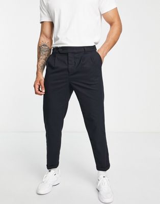 New Look tapered smart linen trousers with pleat in navy