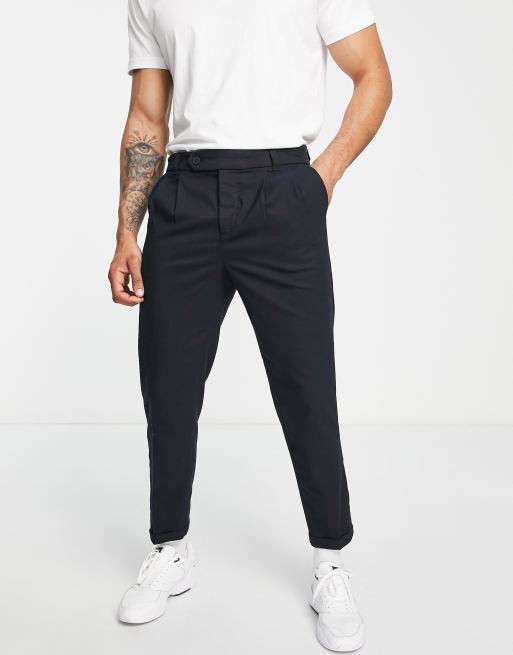 New Look tapered smart linen trousers with pleat in navy | ASOS