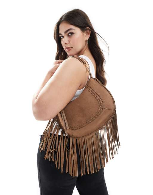New Look tassel cross body suedette bag in tan