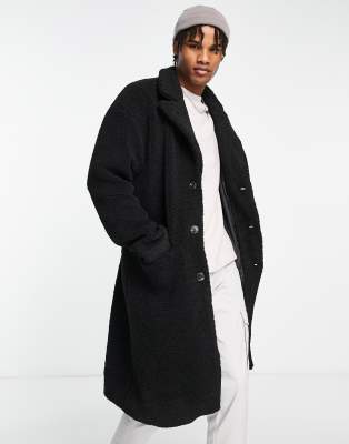 New Look Teddy Borg Overcoat In Black