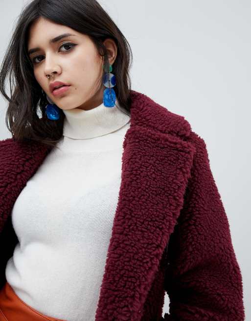 New look burgundy teddy coat sale