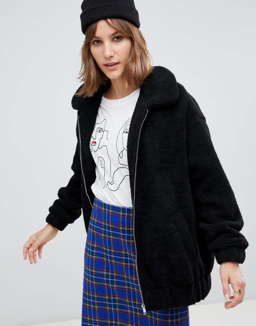 New Look teddy faux fur bomber jacket in black