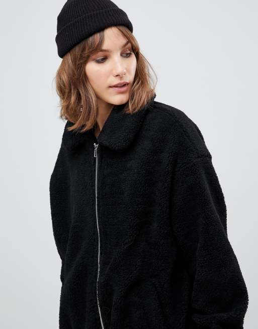 Black teddy shop fur bomber jacket