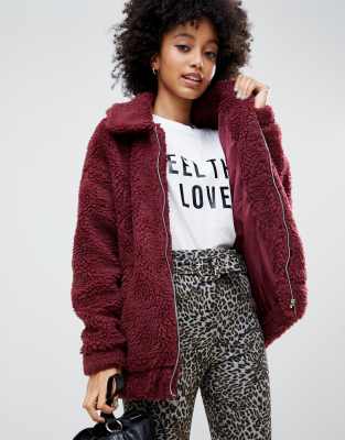 New Look teddy faux fur bomber jacket in burgundy-Red