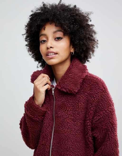 New look teddy faux on sale fur bomber jacket in burgundy