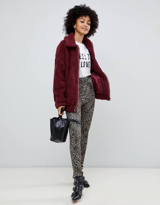 New look teddy faux on sale fur bomber jacket in burgundy