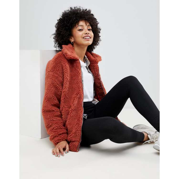 New look teddy faux fur bomber jacket sale in burgundy