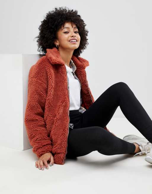 New Look teddy faux fur bomber jacket in rust