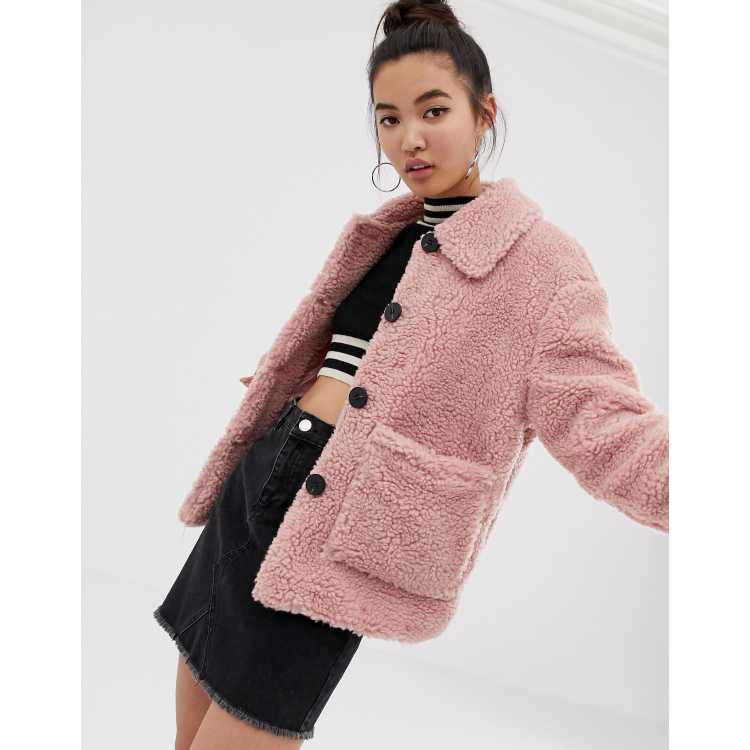 Pink teddy bear coat hotsell new look