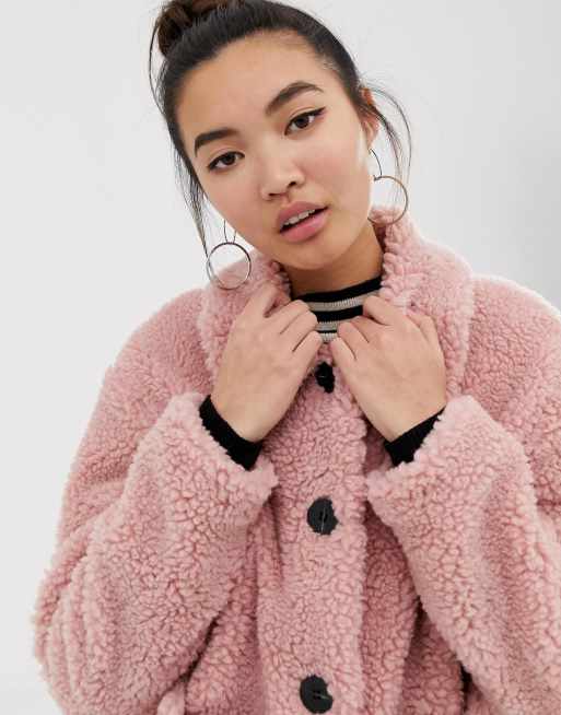 Pink teddy bear coat new look sale