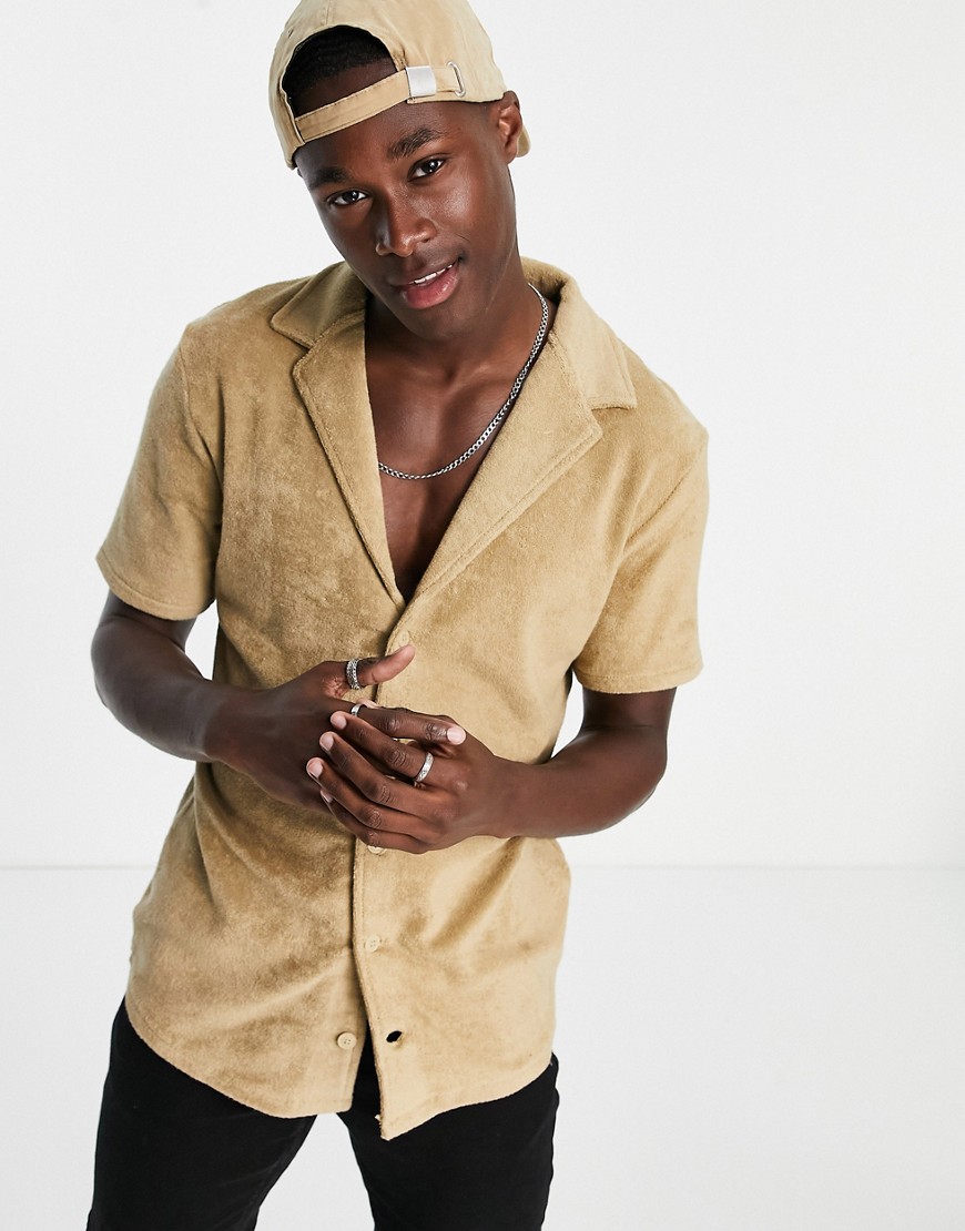 New Look terry short sleeve shirt with revere collar in stone - part of a set-Neutral