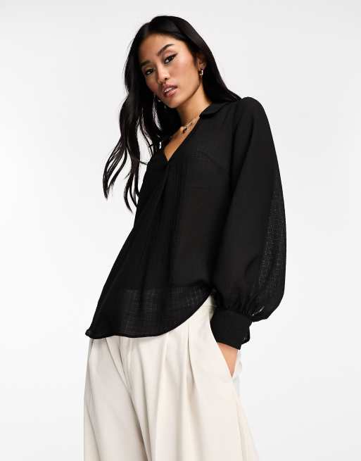 New Look textured chiffon collared blouse in black | ASOS