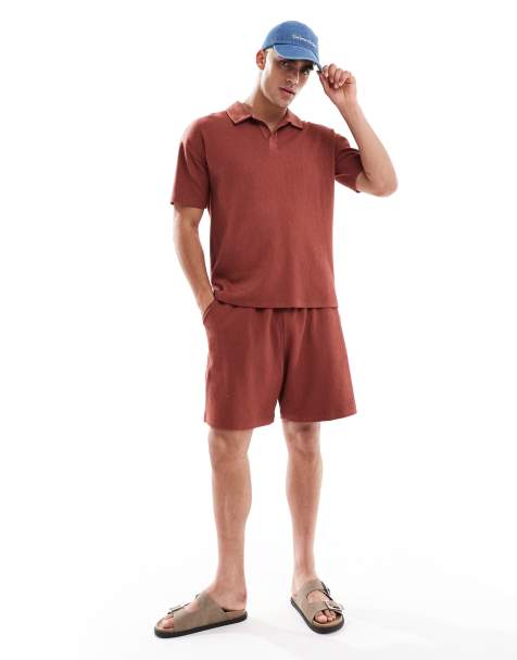 New Look textured jersey polo & shorts set in rust - view 1