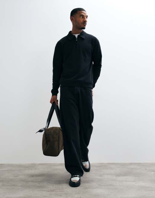 New Look textured knit 1/4 zip polo in black, 4 of 5