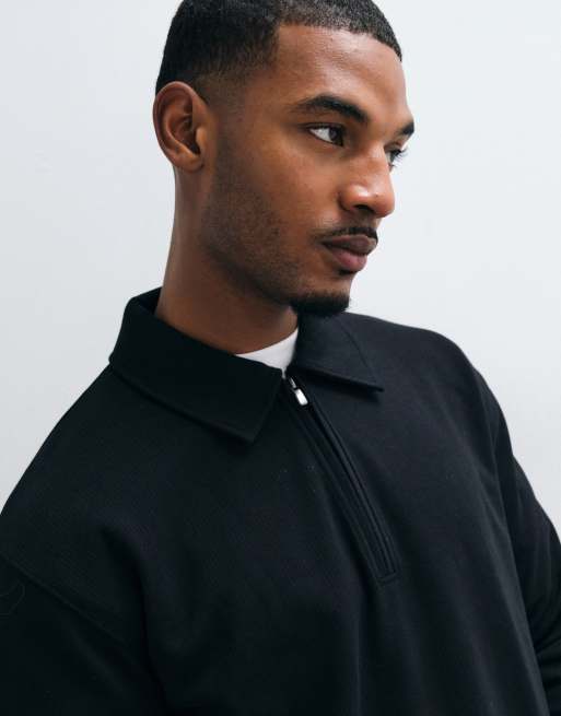 New Look textured knit 1/4 zip polo in black, 5 of 5
