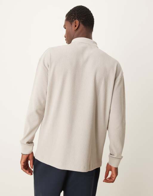 New Look textured long sleeve polo shirt in stone | ASOS