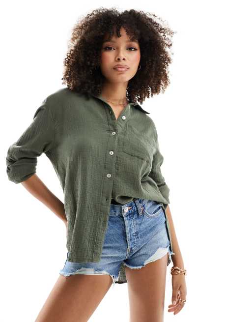 New Look textured long sleeve bergro shirt in khaki