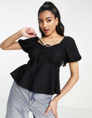 New Look Textured Puff Sleeve Peplum Top In Black