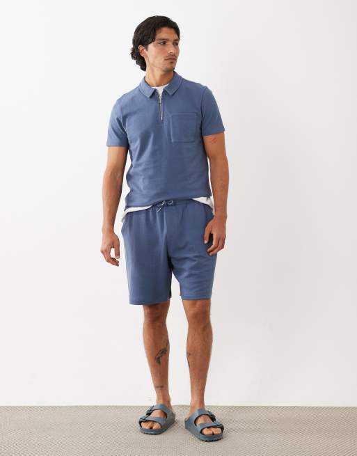 New Look textured zip polo t-shirt and shorts set in dark blue, 2 of 3