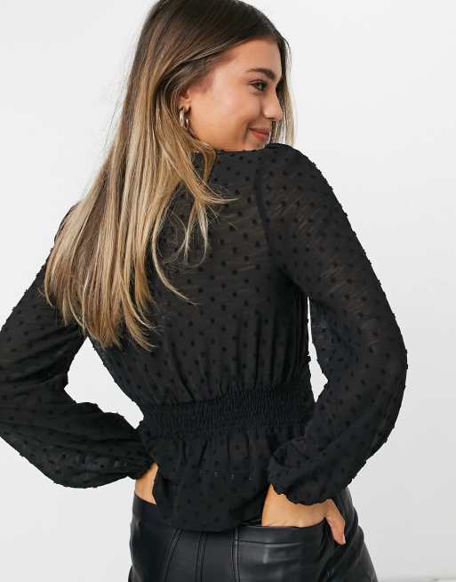 New Look textured ruched front blouse in black