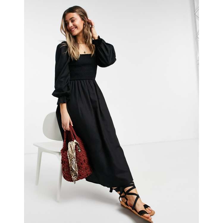 New Look shirred square neck midi dress in black