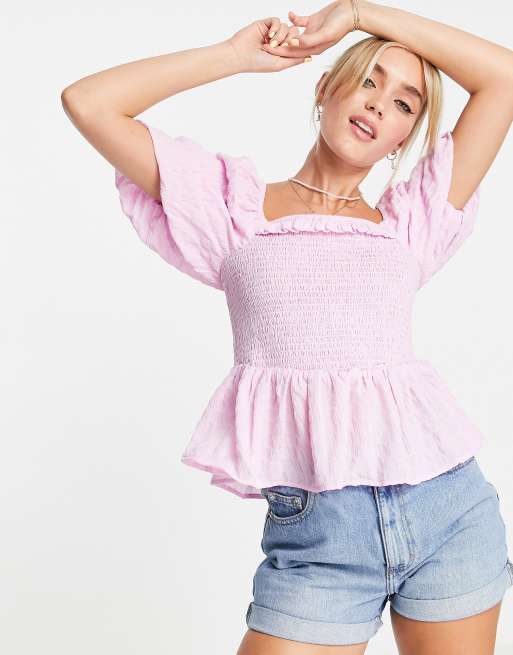 New Look textured shirred top in pink | ASOS