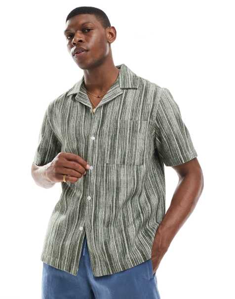 New Look textured stripe short sleeve shirt in green - view 1
