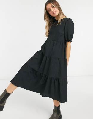 black tiered smock midi dress