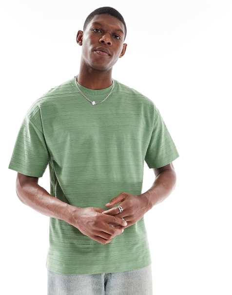 New Look textured tonal stripe t-shirt in green - view 1