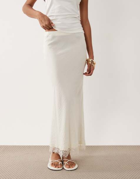 New Look textured woven lace trim midi skirt in cream  - view 1