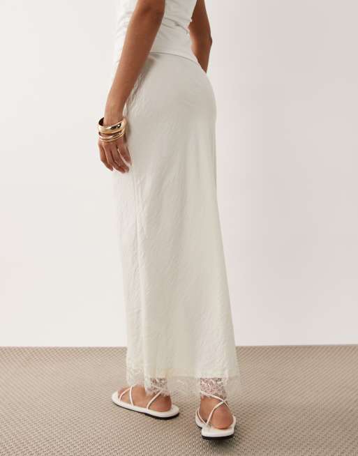 New Look textured woven lace trim midi skirt in cream , 3 of 5